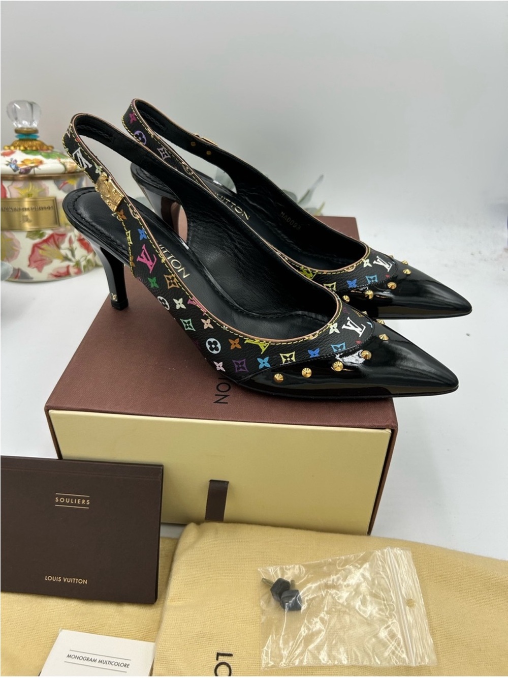 Women’s Vuitton black multicolor monogram patent leather sling back heels 39.5